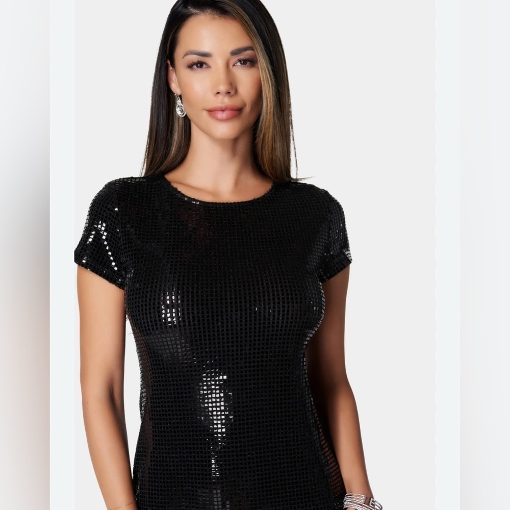 bebe Black Short Sleeve Sequin Disco Dot Mini Dress.      Size-Small